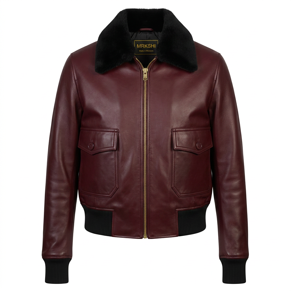MRKSHI AMBRE — Lamb Nappa leather Jacket in Burgundy, front view