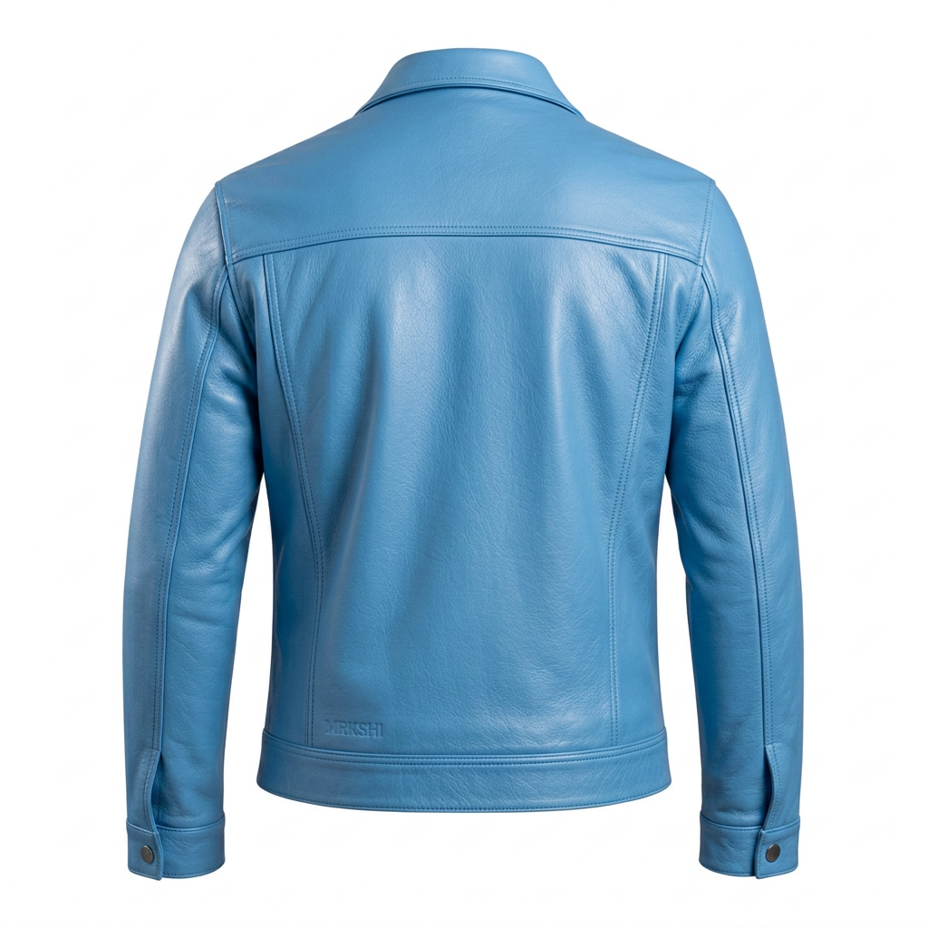 MRKSHI ALIVE — Leather Jacket in Baby Blue, back view