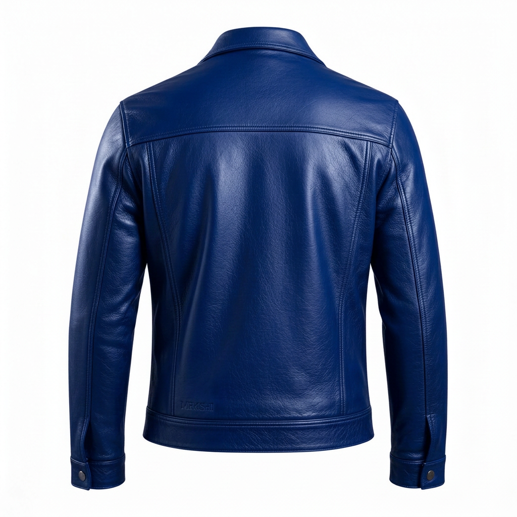 MRKSHI ALIVE — Leather Jacket in Blue Night, back view