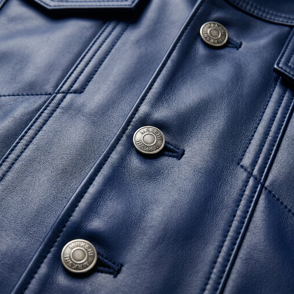 MRKSHI ALIVE — Leather Jacket in Blue Night, detail
