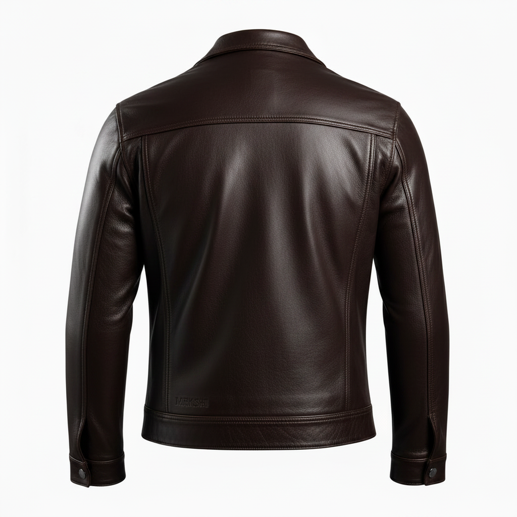 MRKSHI ALIVE — Leather Jacket in Dark Chocolate, back view