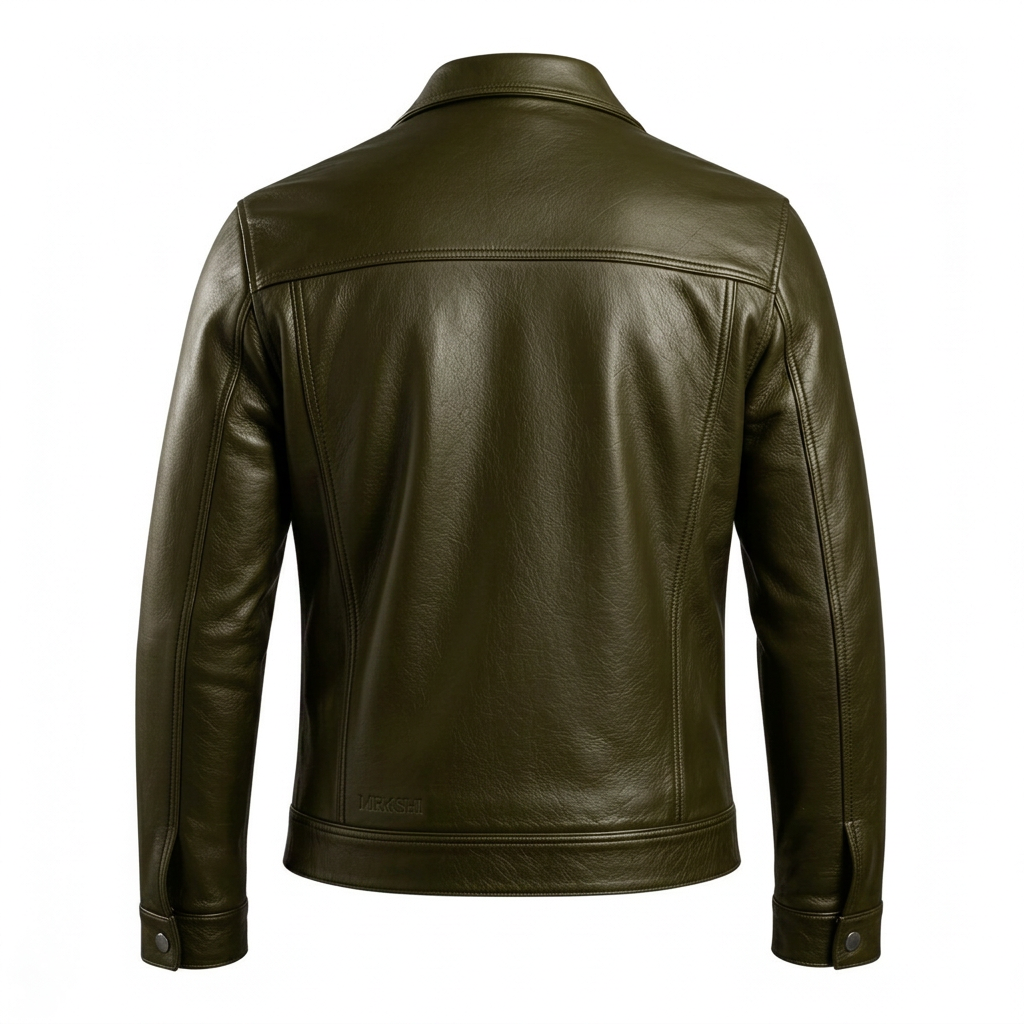 MRKSHI ALIVE — Leather Jacket in Olive, back view