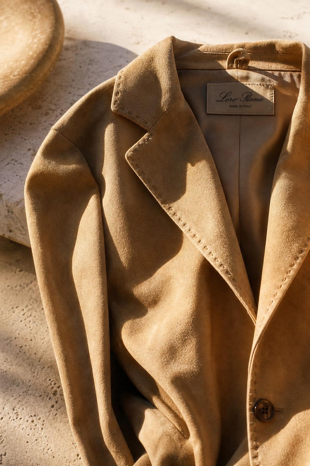 Soft camel suede leather jacket in warm Mediterranean light