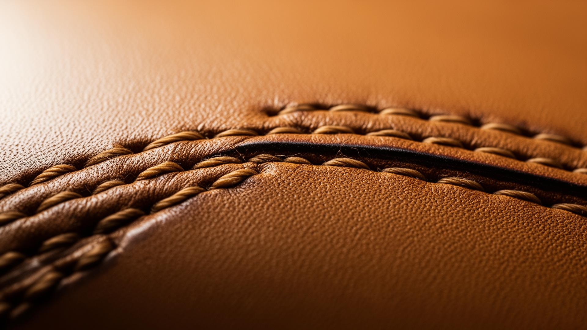 Macro close-up of hand saddle-stitching on camel leather